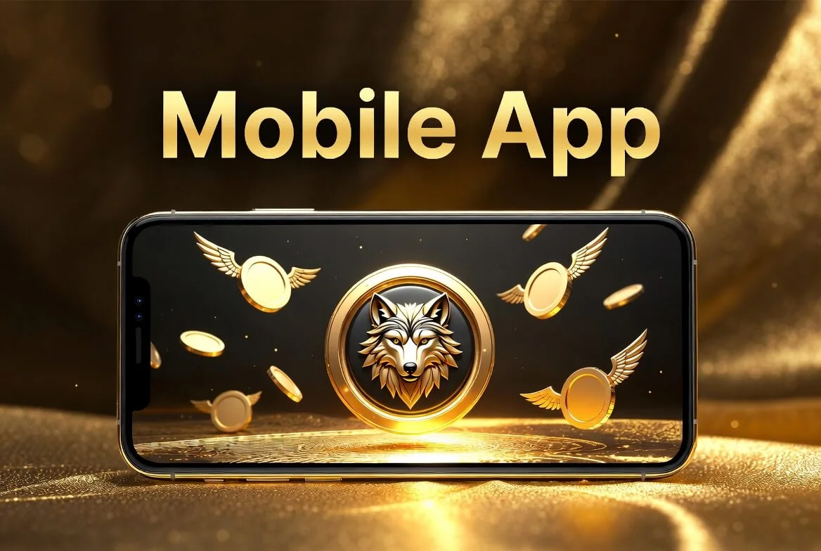 Wolf Winner app download screen on an Android phone showing the casino lobby